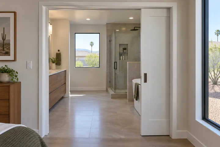 Widened bathroom doorway with a pocket door, clear floor space inside