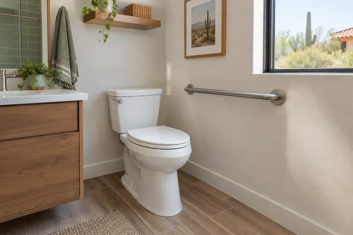 Comfort-height toilet with a nearby grab bar in a remodeled bathroom