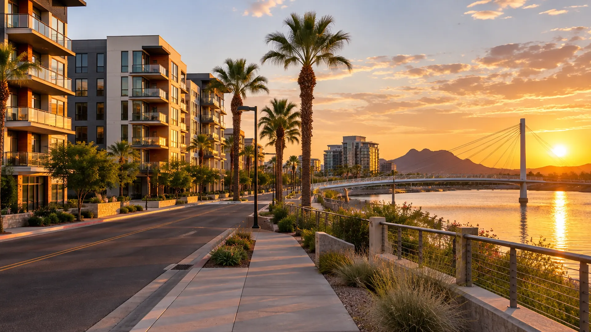 Downtown Tempe, Arizona street with modern mid-rise condos near Tempe Town Lake, palm trees and a pedestrian bridge at golden hour