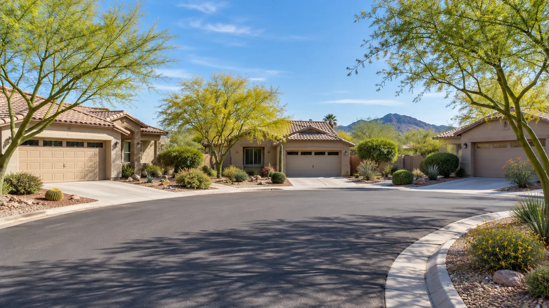 Quiet south Tempe cul-de-sac with single-story stucco homes, desert landscaping, palo verde trees and blue sky