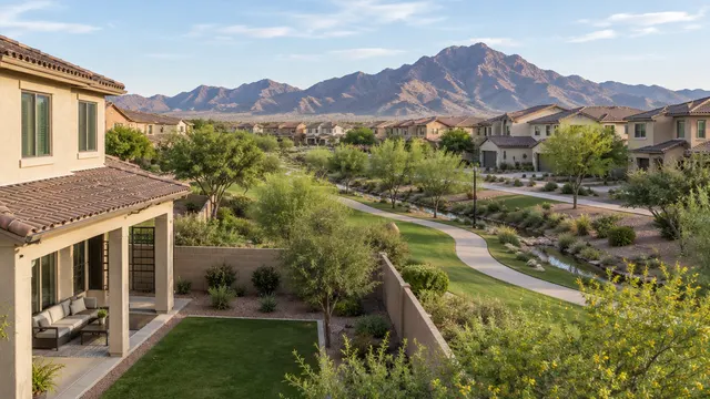 Master-planned south Tempe neighborhood with two-story stucco homes, tile roofs, a greenbelt and South Mountain in the distance