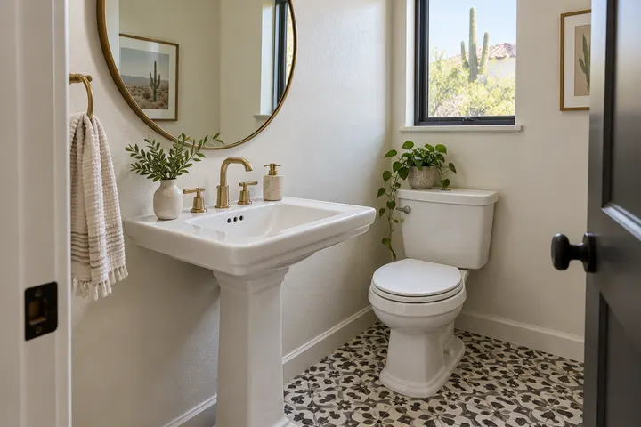 Small remodeled guest bathroom with a pedestal-style vanity, round mirror and patterned floor tile