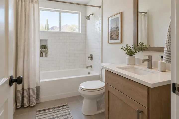 Remodeled hall bathroom with a tub-shower combo, subway tile surround and a compact vanity