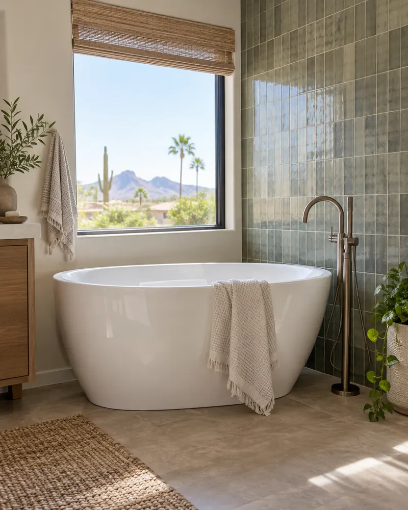 Remodeled bathroom corner with a freestanding soaking tub under a window, a tiled feature wall and a floor-mounted tub filler