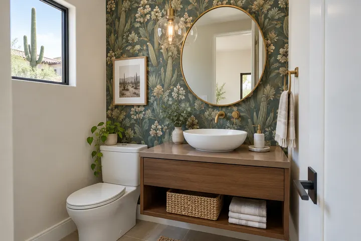Stylish powder room with a vessel sink, wallpapered accent wall and a pendant light