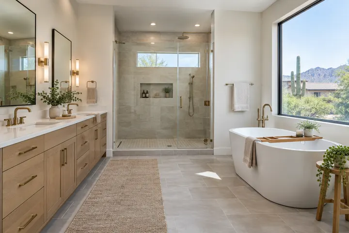Spacious primary bathroom remodel with double vanity, walk-in shower and freestanding tub