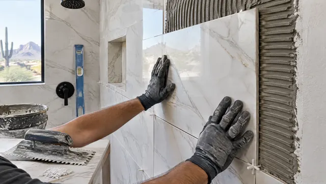 Tile setter's gloved hands pressing large-format marble-look porcelain tile onto a shower wall with a notched trowel, level and spacers nearby