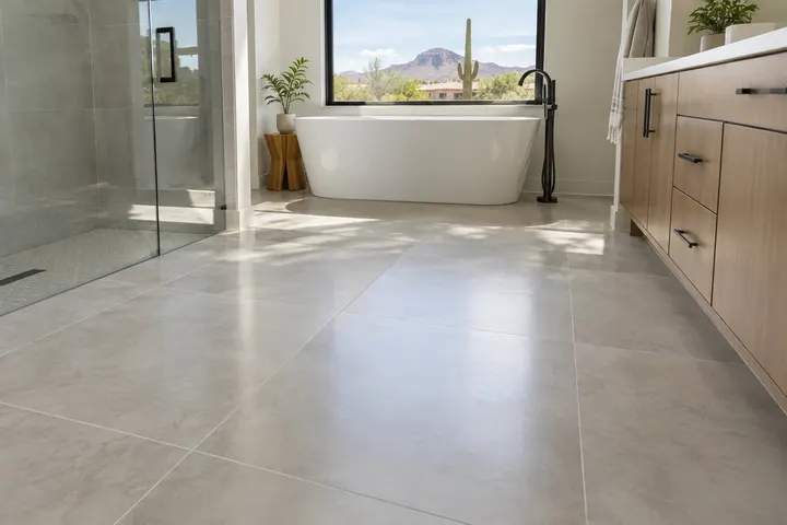 Large-format porcelain bathroom floor tile with tight grout lines, freshly installed