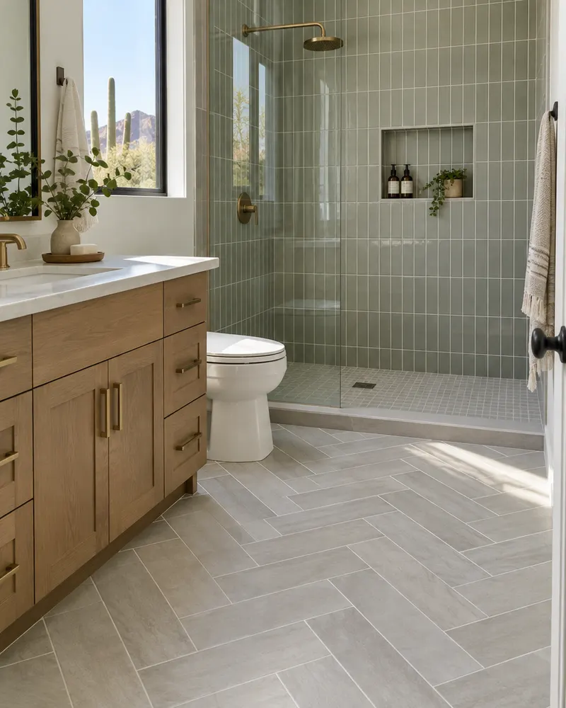 Herringbone porcelain floor tile and vertical stacked wall tile meeting in a remodeled bathroom