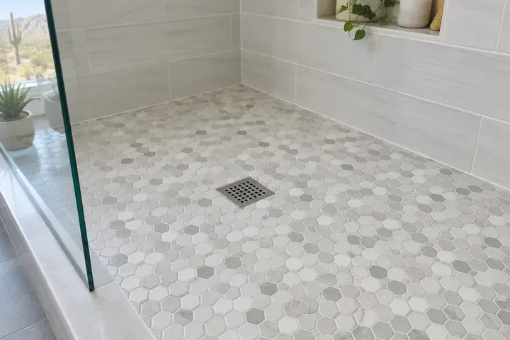 Small hexagon mosaic tile on a shower floor around a drain