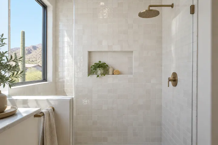 Floor-to-ceiling shower wall tile in a soft white zellige-look finish