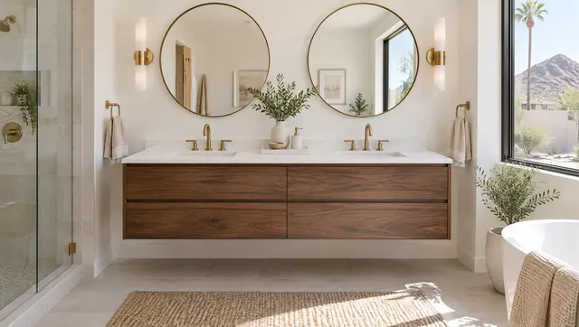 New floating walnut double vanity with white quartz countertop, two undermount sinks, brushed brass faucets and round mirrors in a bright bathroom