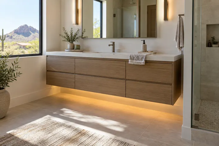 Wall-hung floating vanity with open floor space beneath and under-cabinet lighting