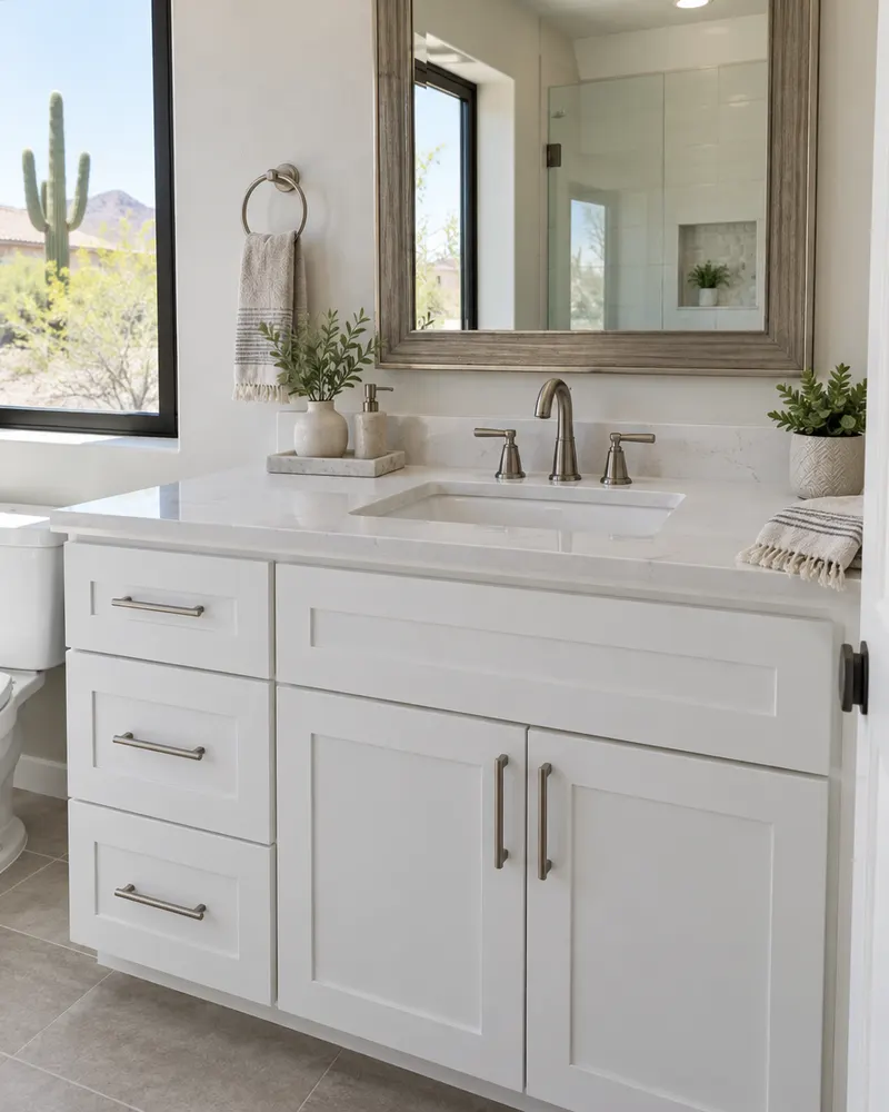 New white shaker vanity with a quartz top, undermount sink, brushed nickel faucet and framed mirror above