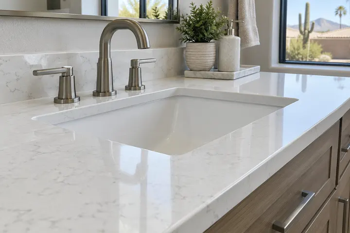 Close-up of a white quartz vanity countertop with an undermount sink and polished edge