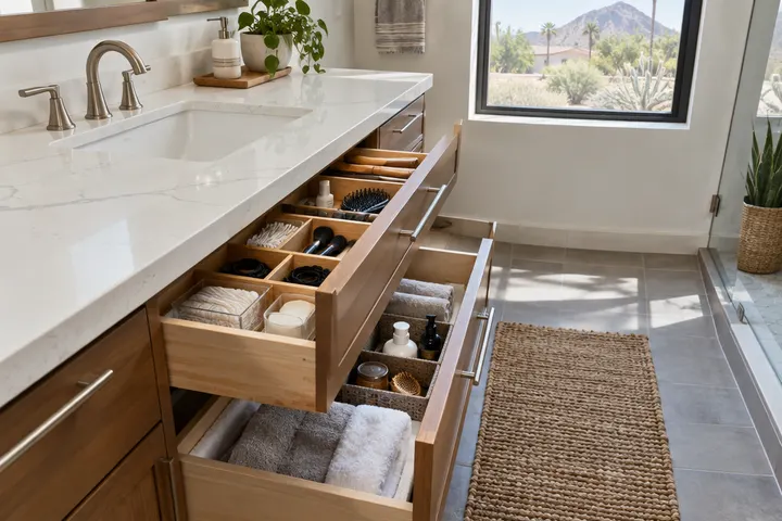 Open vanity drawers showing organized storage dividers in a bathroom