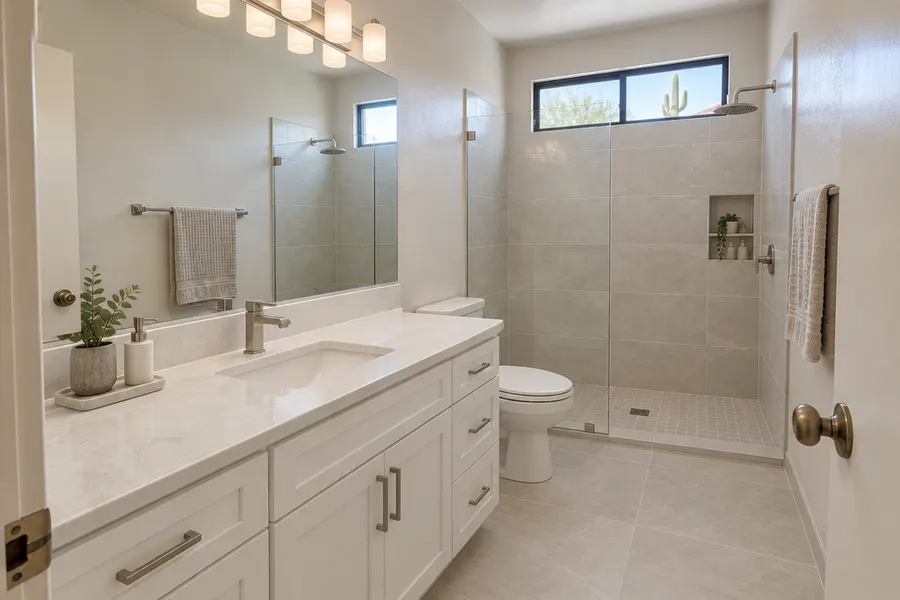 The same hall bathroom after a remodel: tiled walk-in shower with glass panel, new white shaker vanity with quartz top, modern lighting and large-format floor tile