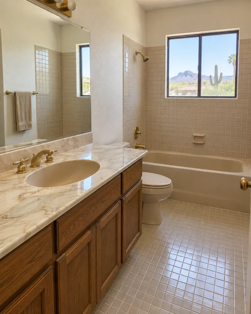 Dated 1980s bathroom with a cultured-marble vanity top, brass fixtures, almond tub and small square tile, the kind of bathroom that is ready for a remodel