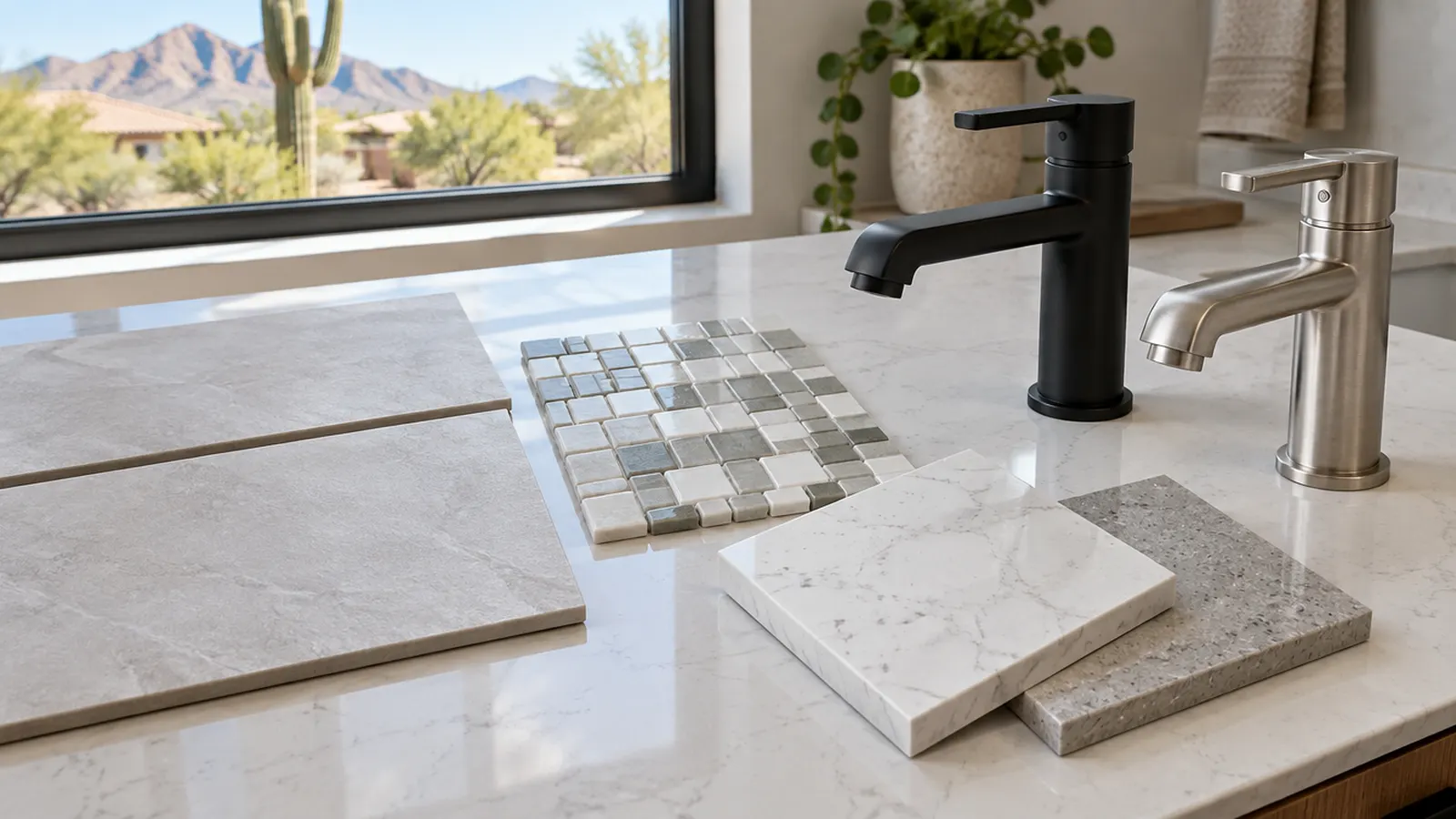 Side-by-side material samples on a counter for a bathroom remodel: porcelain tile, mosaic, quartz countertop pieces, a matte black faucet and a brushed nickel faucet