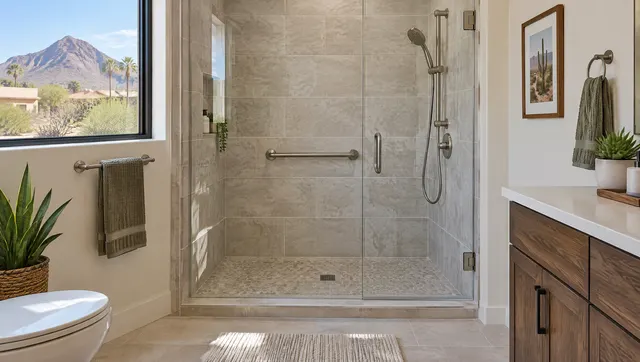 Former bathtub alcove converted into a tiled walk-in shower with a low threshold, glass door, grab bar and handheld shower on a slide bar