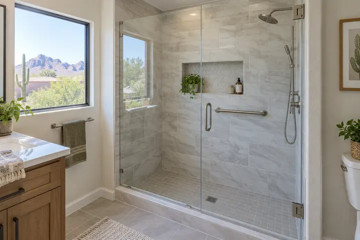 Finished tub-to-shower conversion with tiled walls, glass door, niche and grab bar