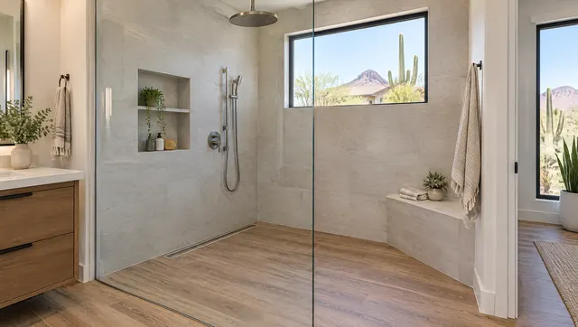Curbless walk-in shower with frameless glass panel, rainfall showerhead, linear drain, built-in niche and bench, wood-look porcelain floor tile