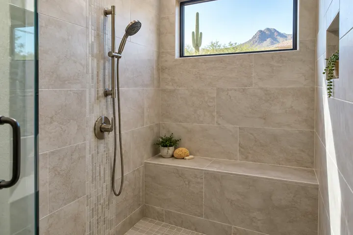 Built-in tiled shower bench with a handheld shower on a slide bar