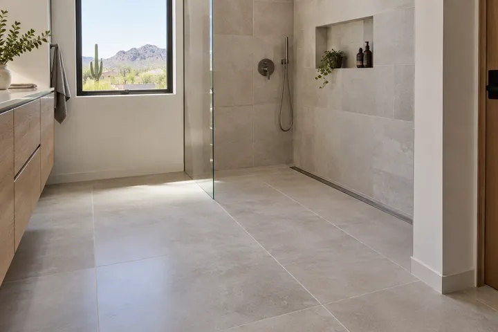 Curbless shower entry where the bathroom floor tile continues into the shower with a linear drain