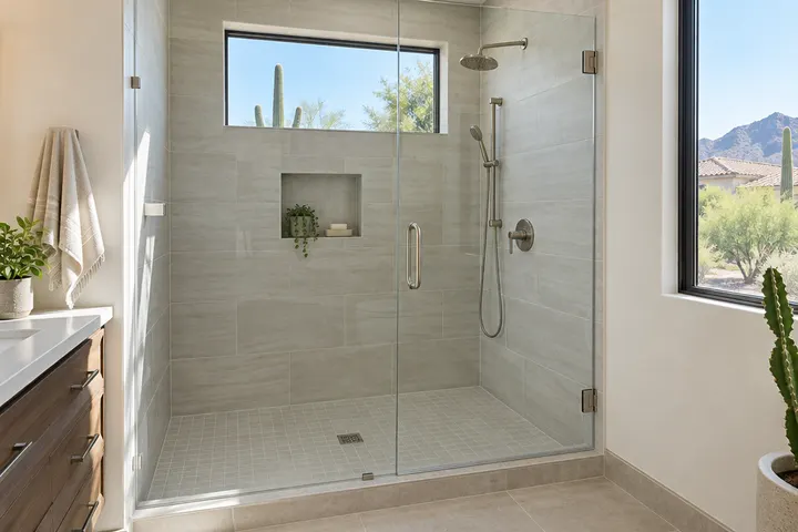Frameless glass shower door with brushed hardware on a tiled walk-in shower