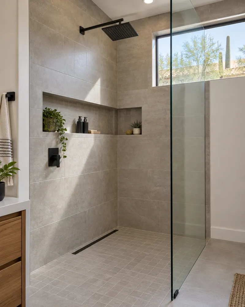 Tall tiled walk-in shower with a frameless glass panel, matte black rainfall head and a long recessed niche