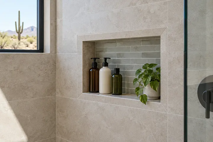 Recessed tiled shower niche holding bottles, with a mitered edge
